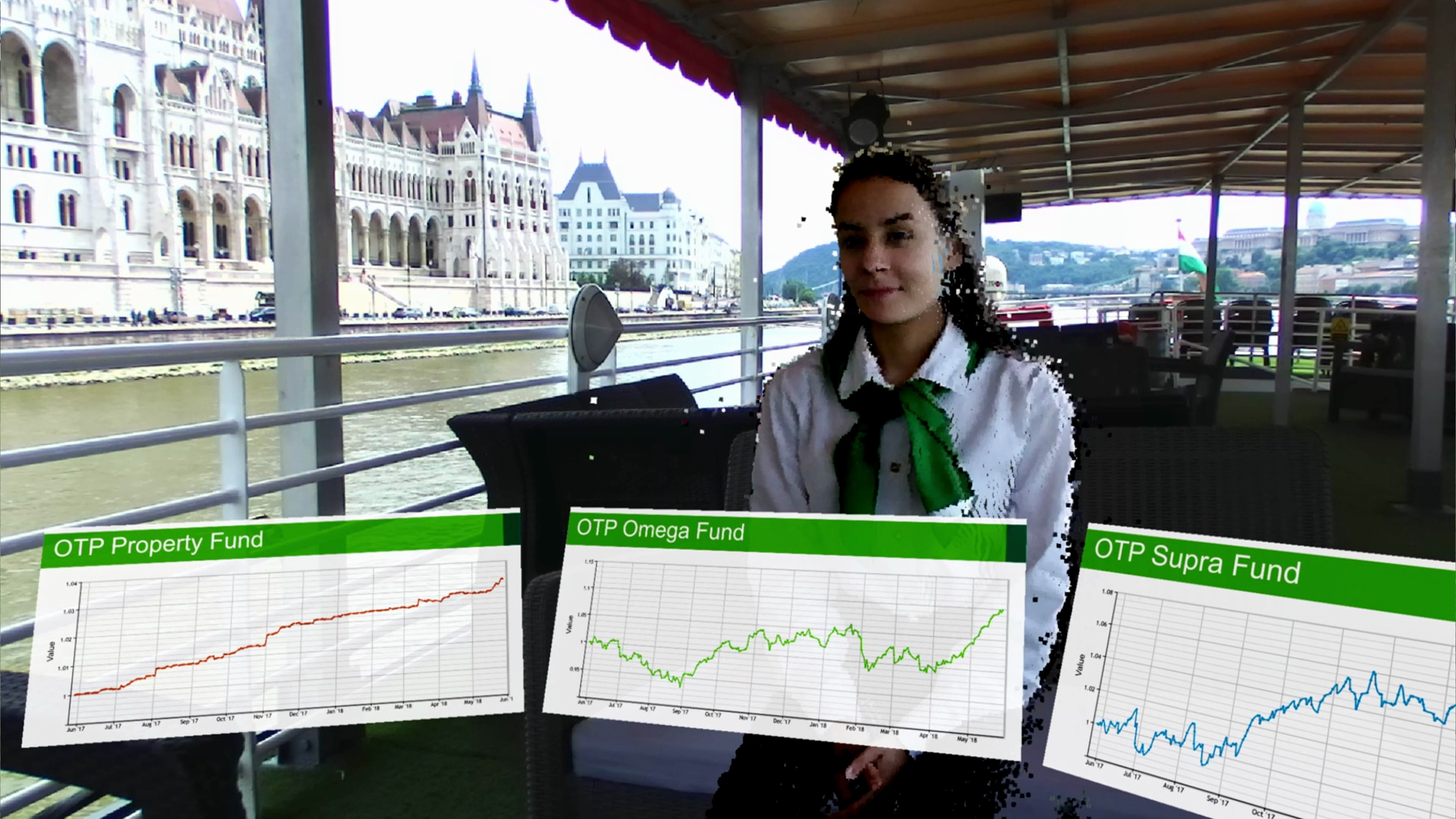 Bank assistant as a hologram in front of the client presenting charts